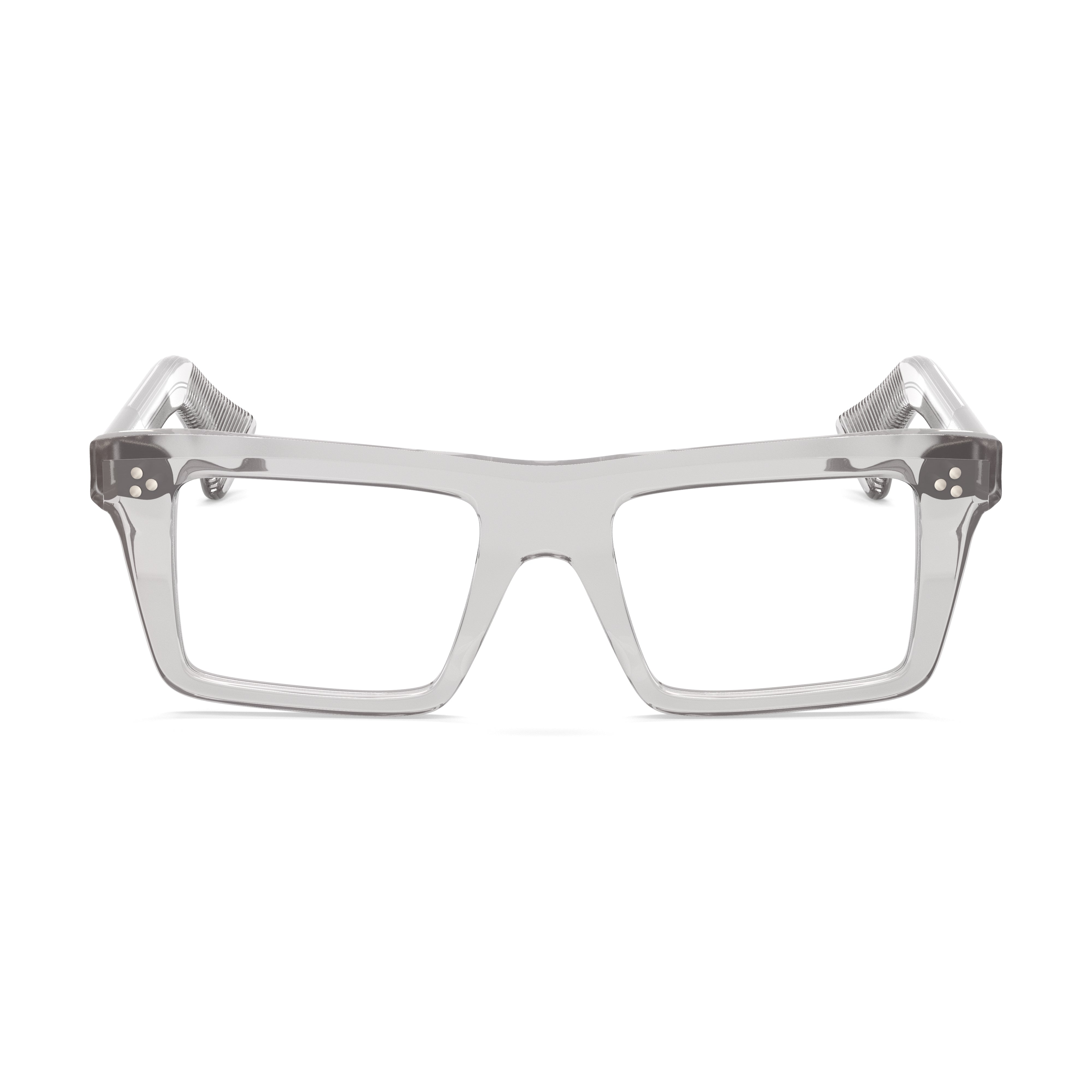 Gray eyeglasses on a white background