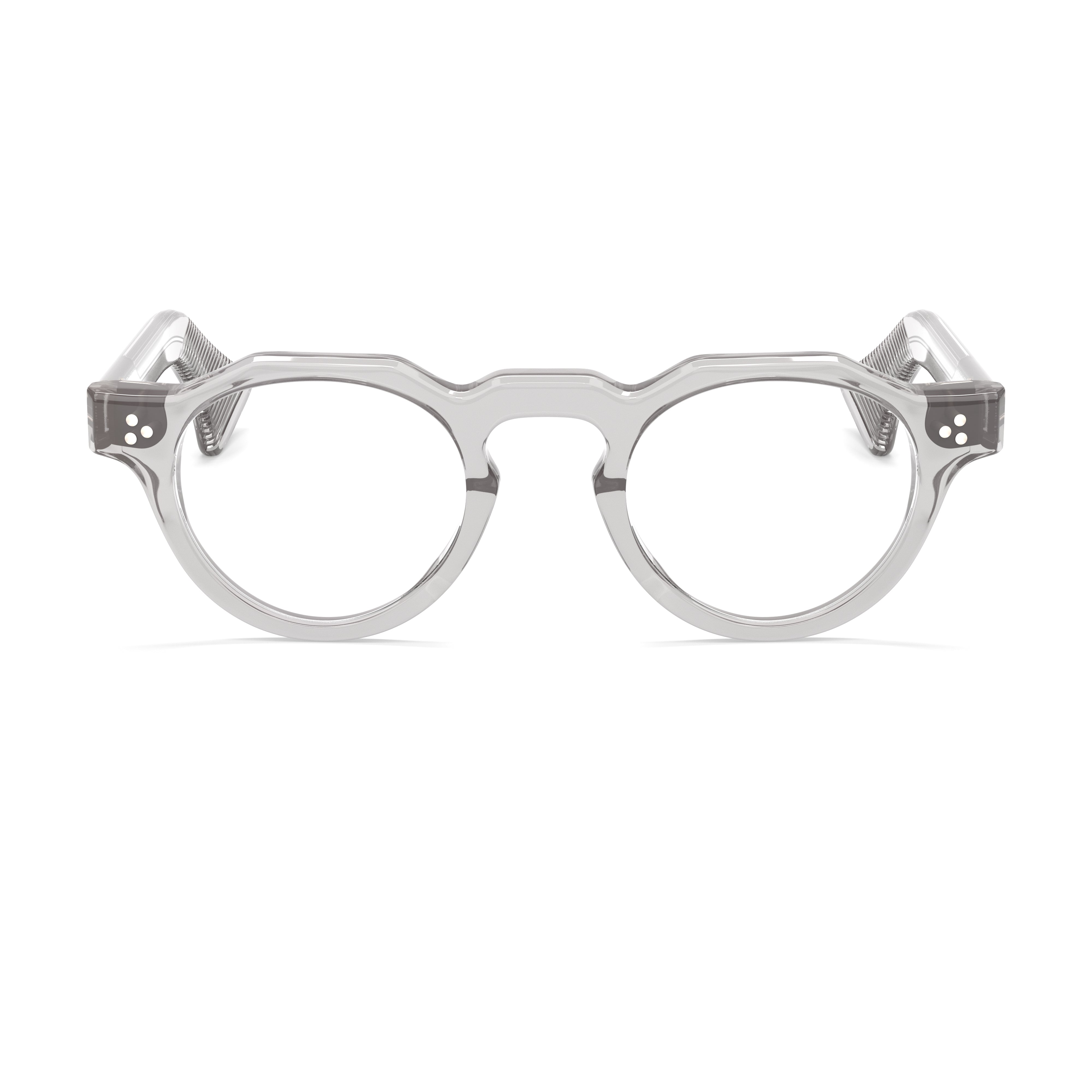 Gray eyeglasses on a white background