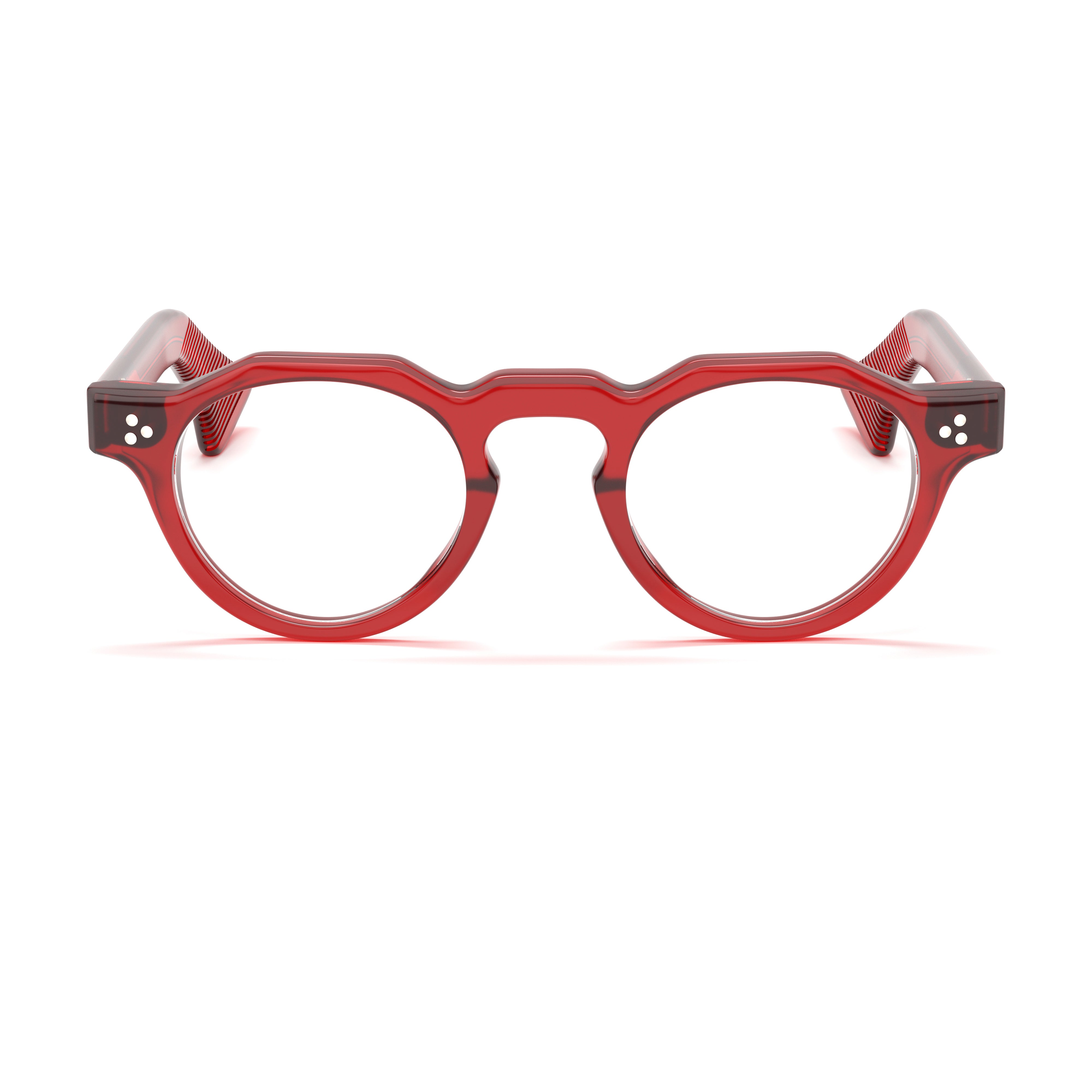 Red eyeglasses on a white background