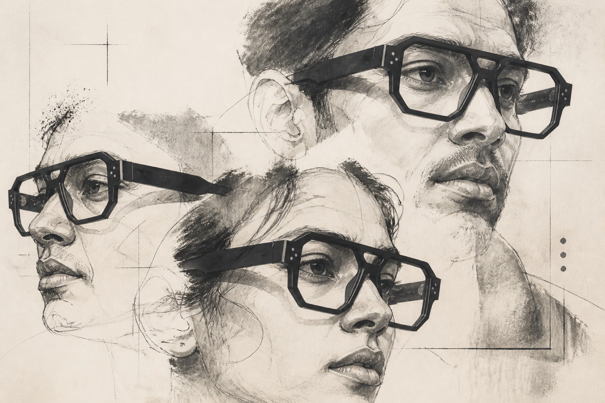 Abstract study of Indian faces wearing COCO LENI Rebel Black Matt frames