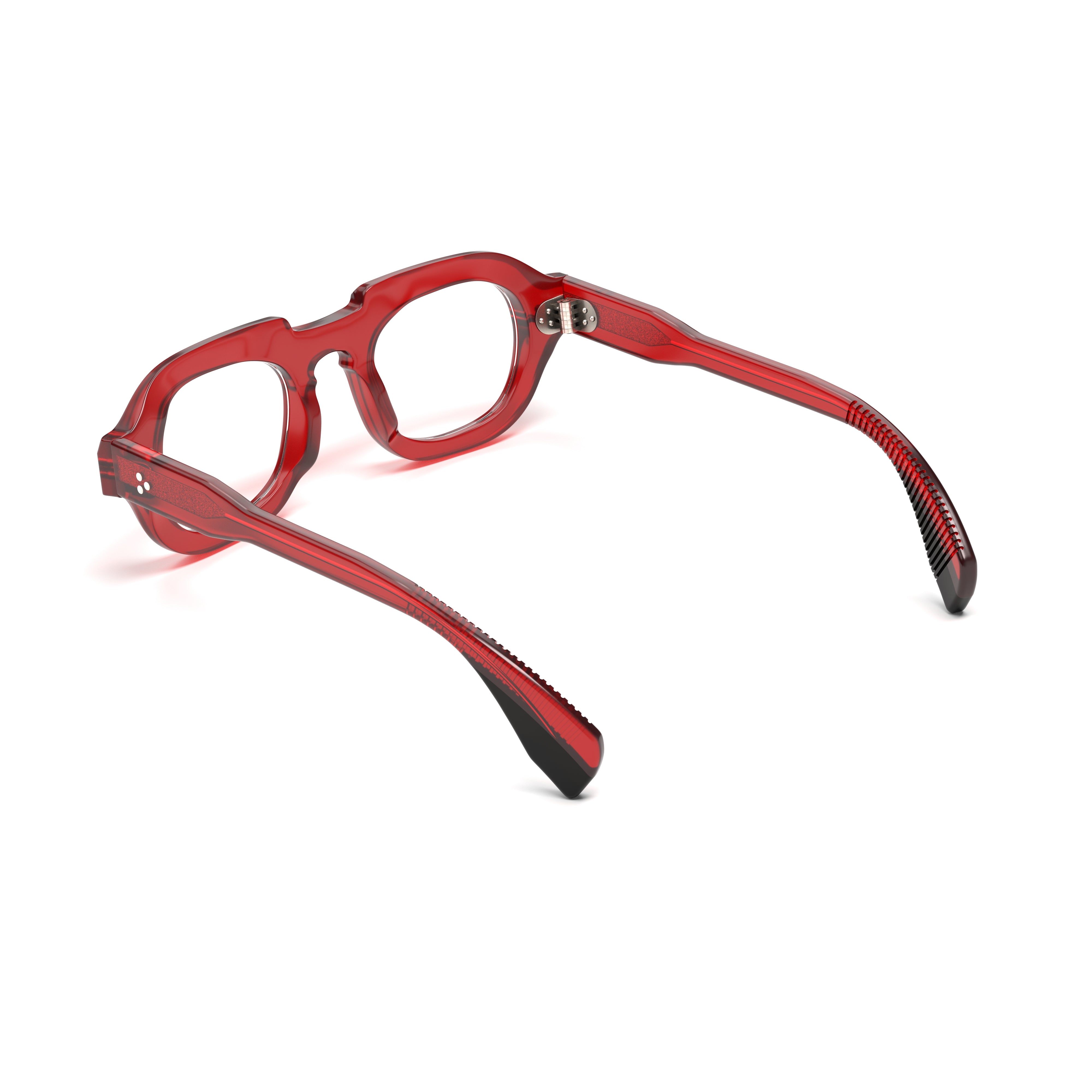 Red eyeglasses with black accents on a white background