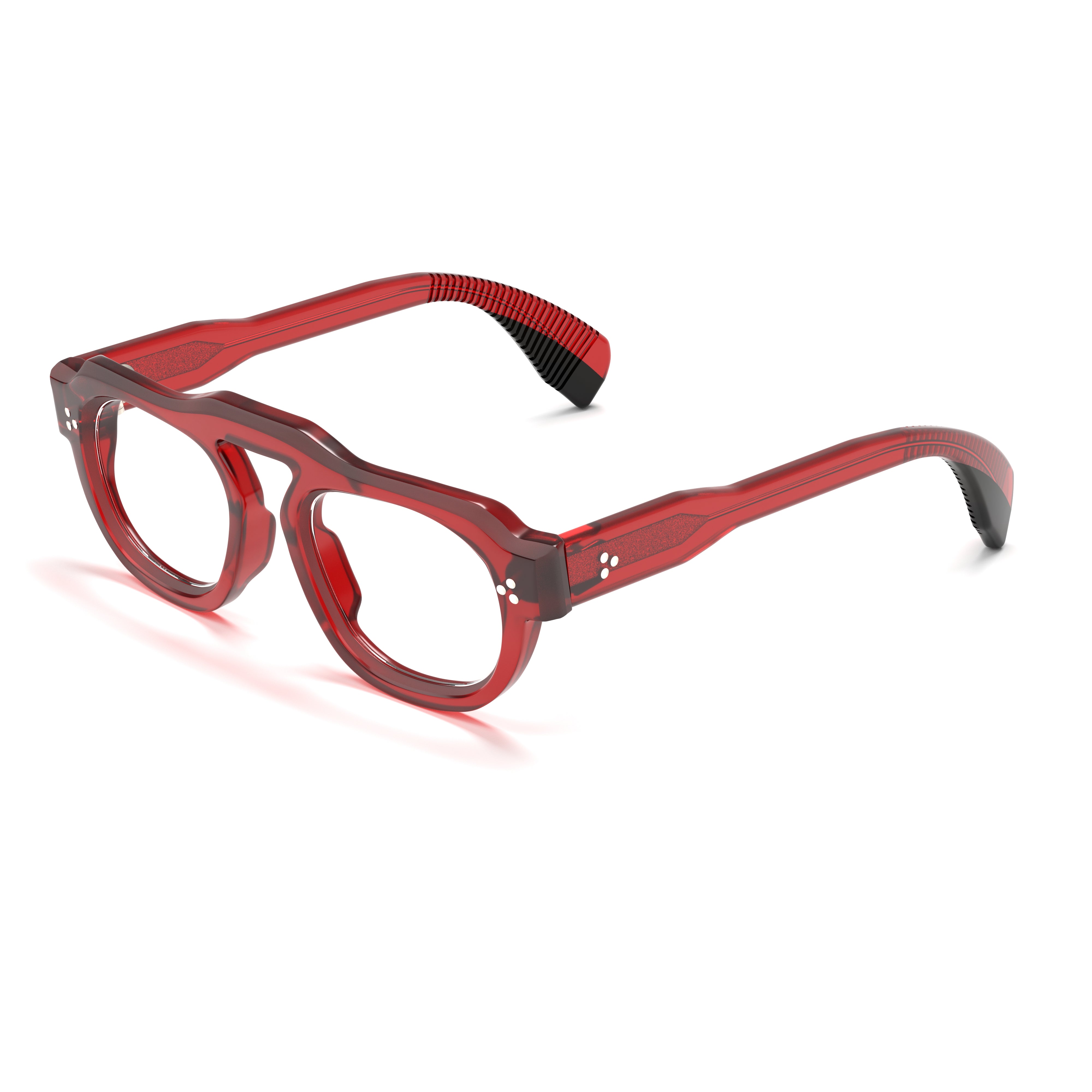 Red eyeglasses with a clear lens on a white background