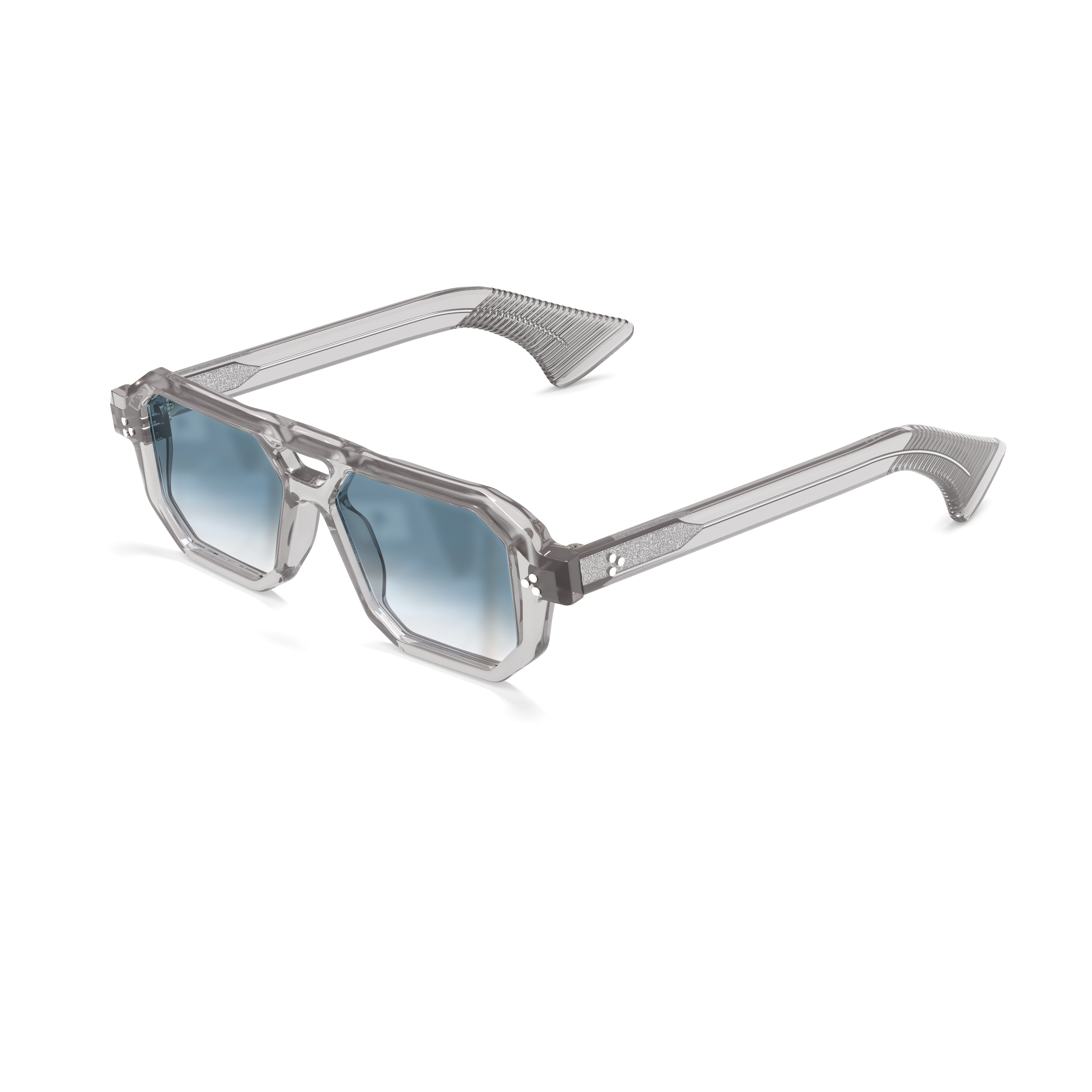 Gray sunglasses with blue gradient lenses on a white background