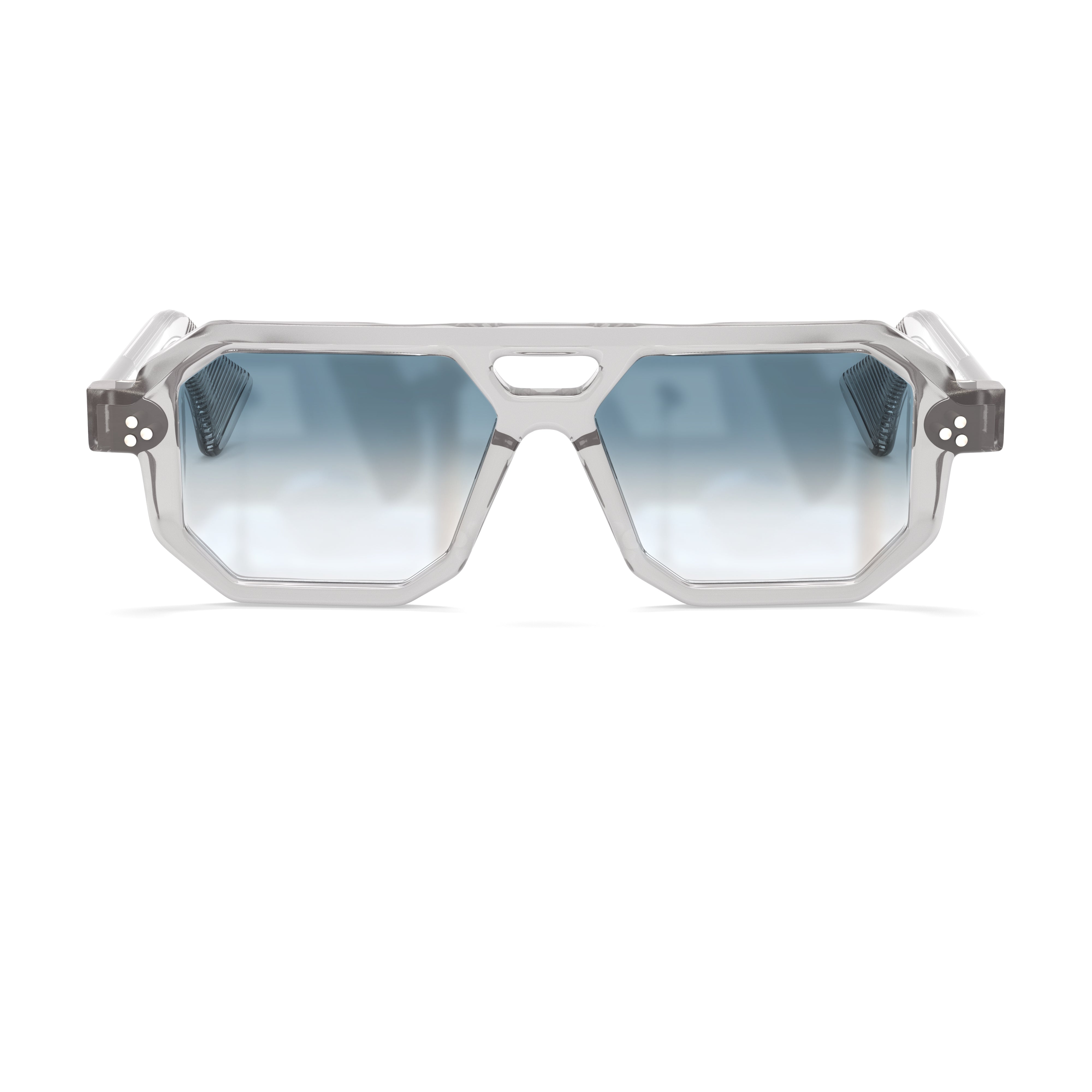 Gray sunglasses with blue gradient lenses on a white background