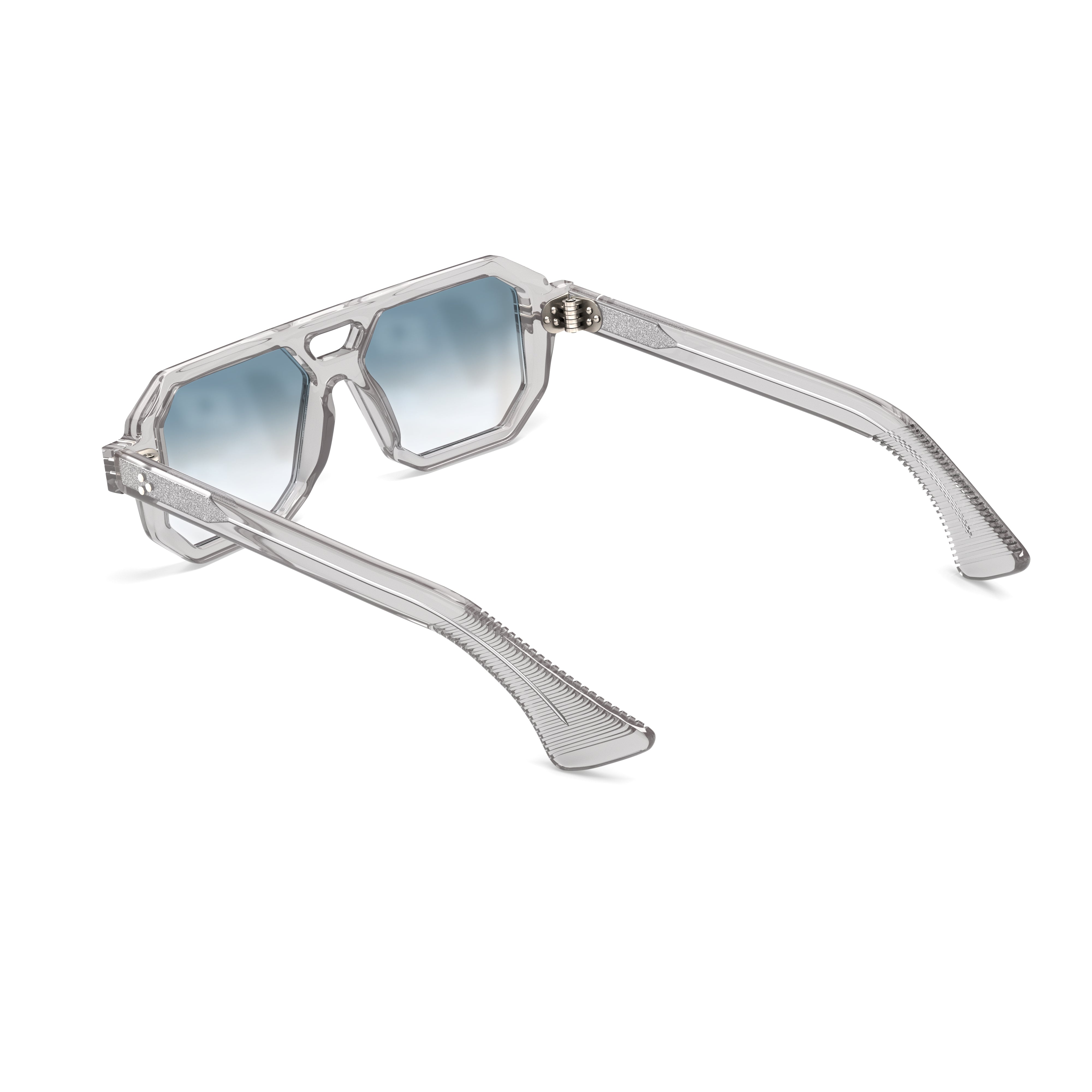 Gray sunglasses with blue gradient lenses on a white background