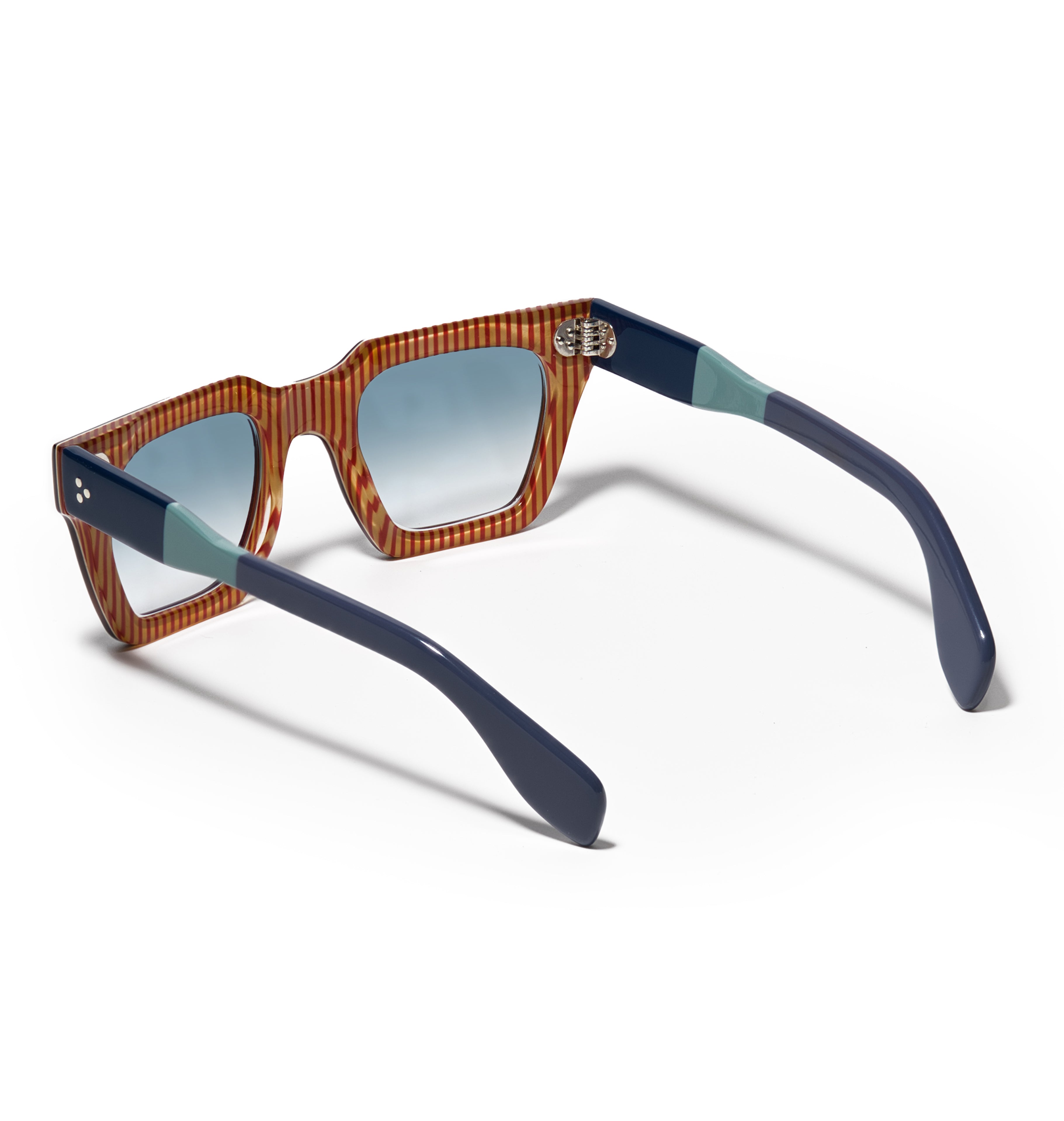 brown Sunglasses with blue arms and  a gradient blue lens on a white background