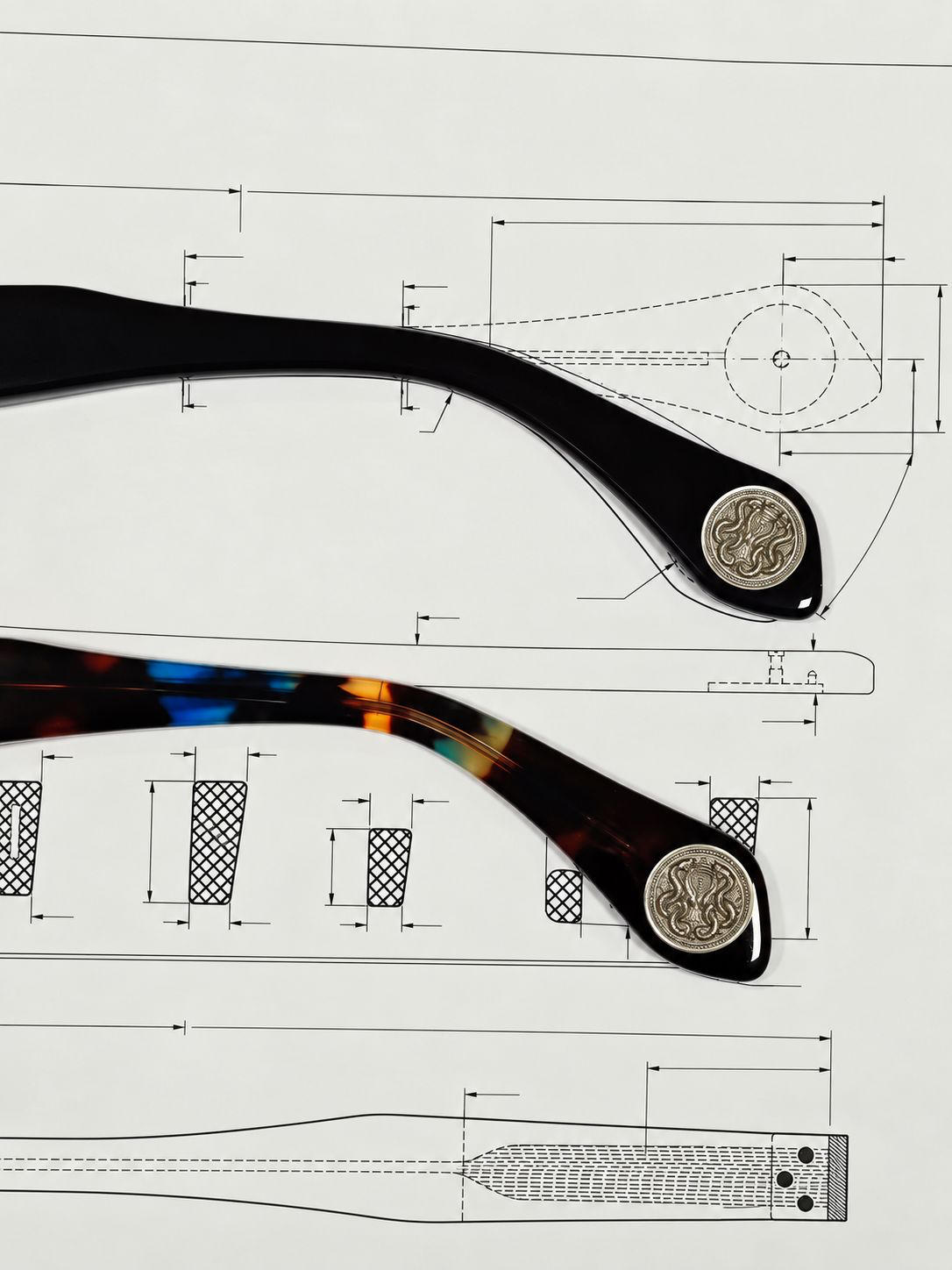 A first look at Naga collection frame temples against technical drawings